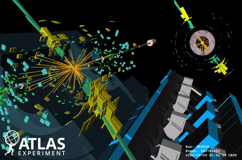 image An event display of a possible Higgs boson event showing two back-to-back jets.